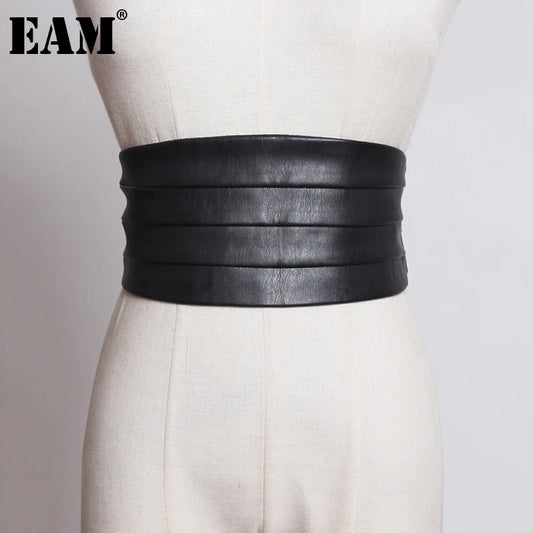 [EAM]  Multicolor Black Red Pu Leather Elastic Wide  Belt Personality Women New Fashion Tide All-match Spring 2025 1U221