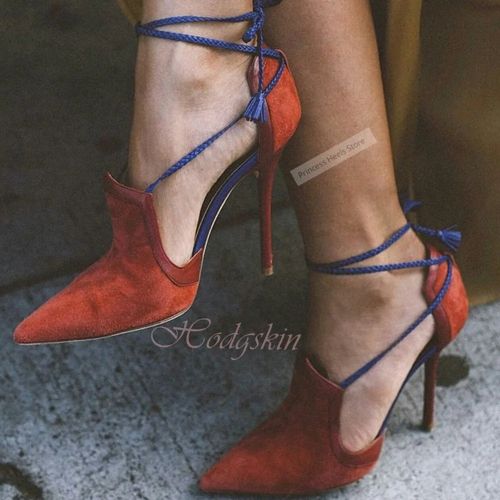 Pointed Toe Suede Straps Lace Up Sandals for Women