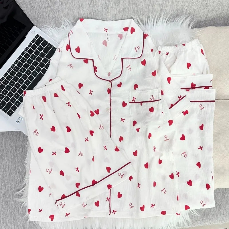 Korean Cute Heart Bow Print Pajamas Set Women 3 Piece Summer Soft Harajuku Style Homewear Sweet Love Pattern PJ Loungewear
