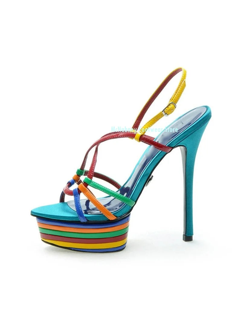 Rainbow Colored Pointed Toe Platform Stiletto Sandals for Women