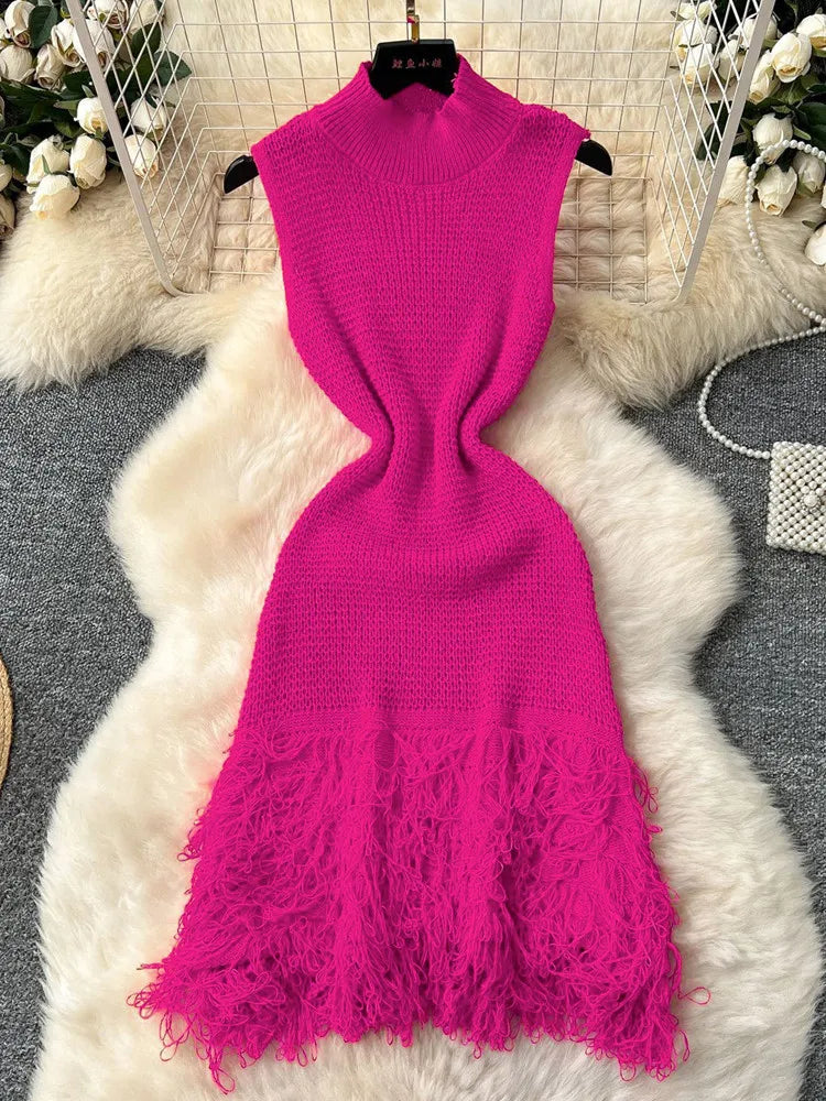 Elegant Round Neck Sleeveless Tassel Hem Bodycon Mini Knitted Dress for Women