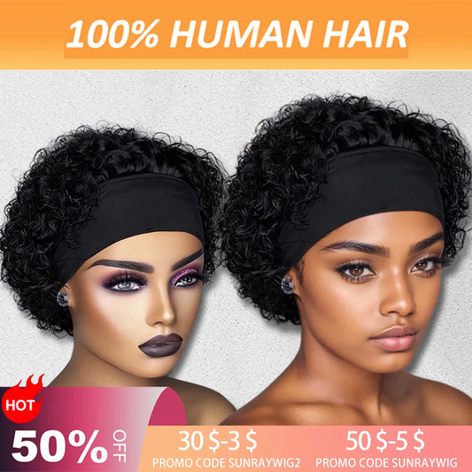 Short Curly Pixie Cut Headband Wig Water Wave Remy 100% Brazilian Human Hair Scarf Wigs For Women Machine Made Long Straight Wig