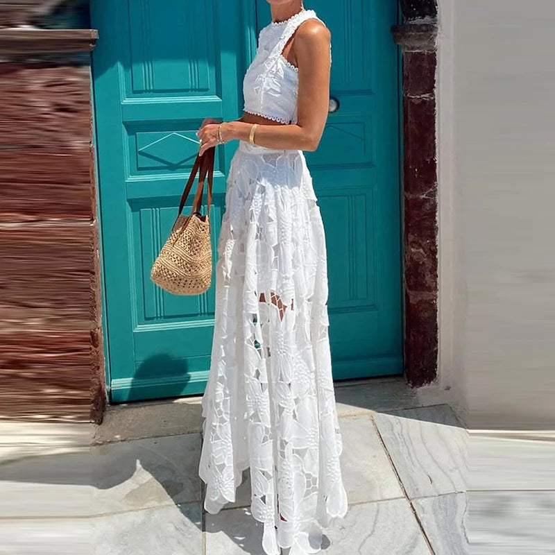 Fashion O-neck Sleeveless Top with Long Skirt Suit Sexy Exposed Navel Holiday Outfit 2025 Lace Hollow Loose Women's 2 Piece Set