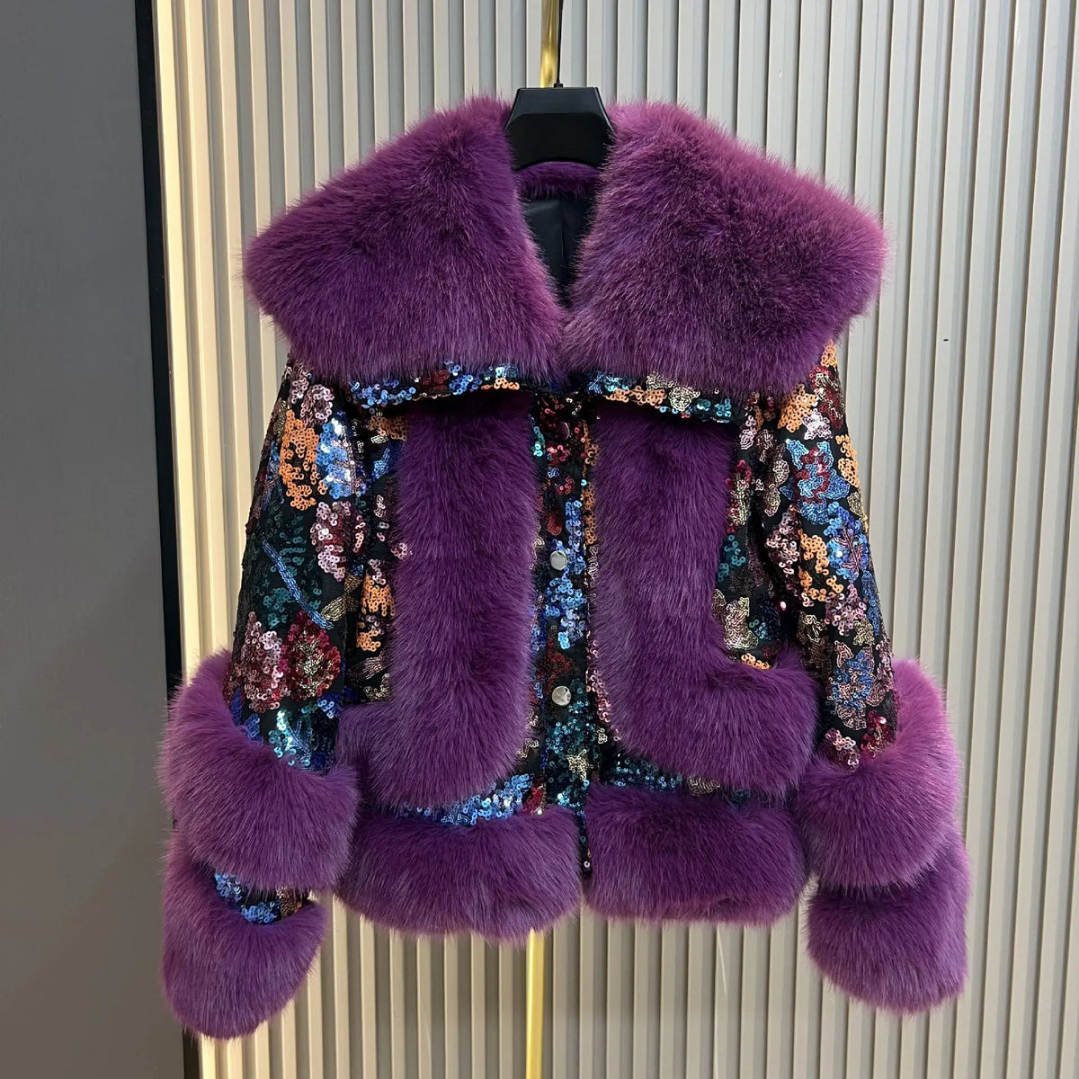 Purple Sequined Faux Fur Coat