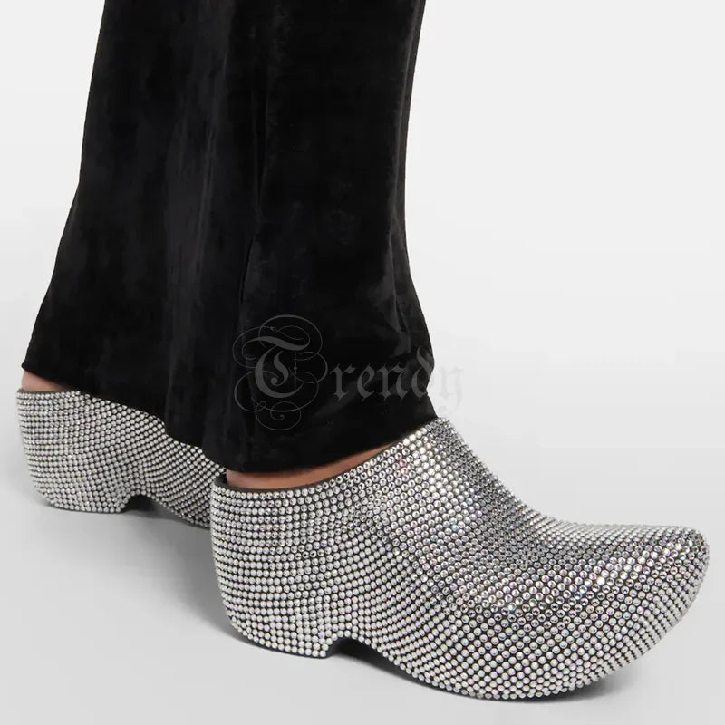 Black Mirror Leather Pointed Toe Crystal Slingback Mules For Women