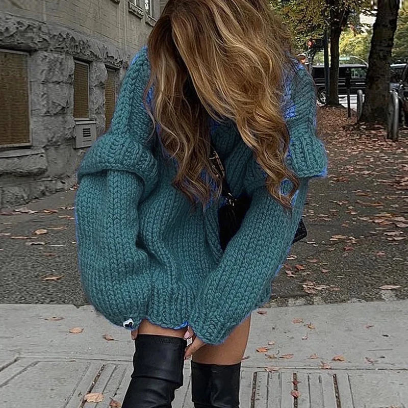 Women Casual Warm Winter Thick Sweater Fall Elegant Turtleneck Solid Knitted Jumper Femme Fashion Long Sleeve Loose Pullover Top
