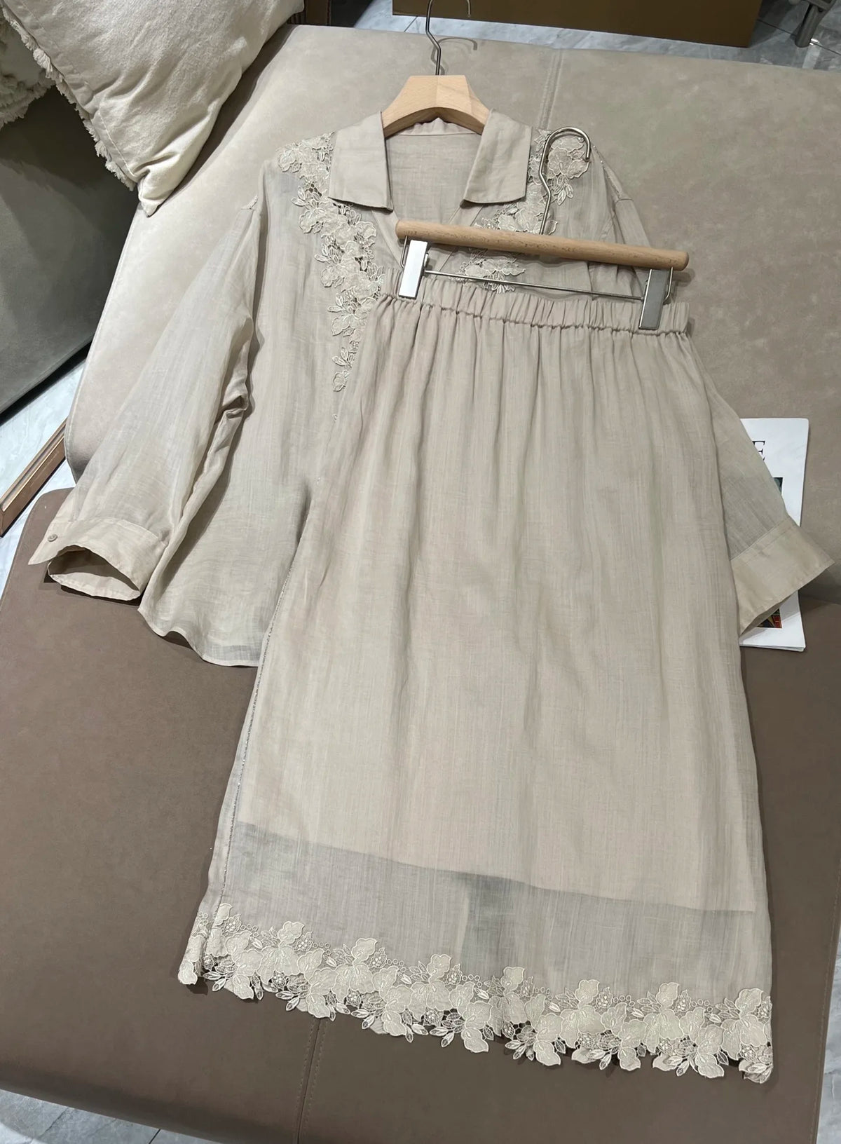 Embroidered Linen Blouse And Midi Skirt Set for Women