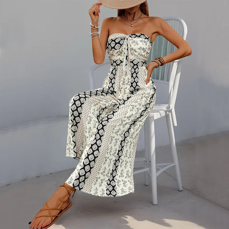 Printed Strapless Tube Top Tie Front Jumpsuit for Women