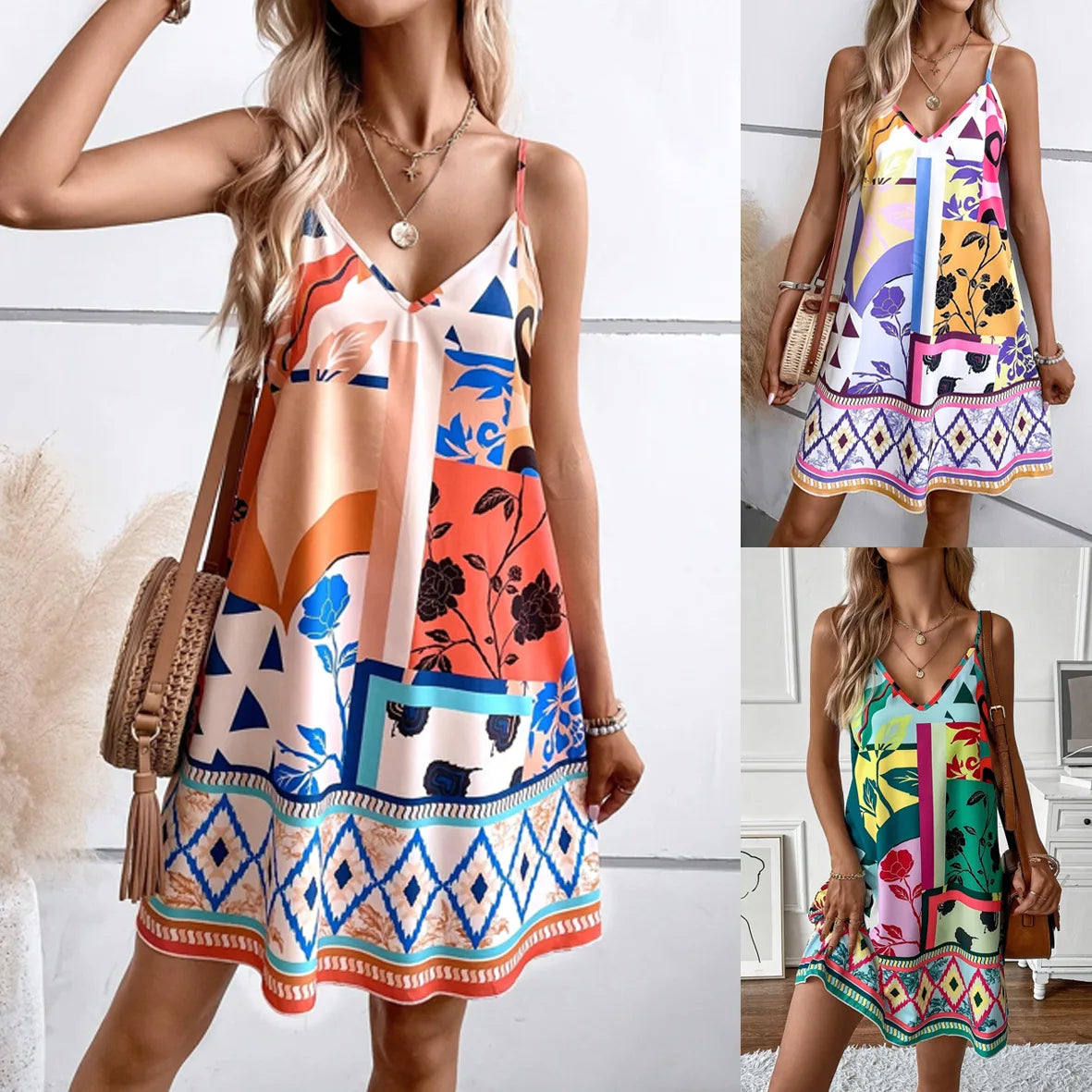 Geometric Print Backless Sleeveless Slip Dress for Women