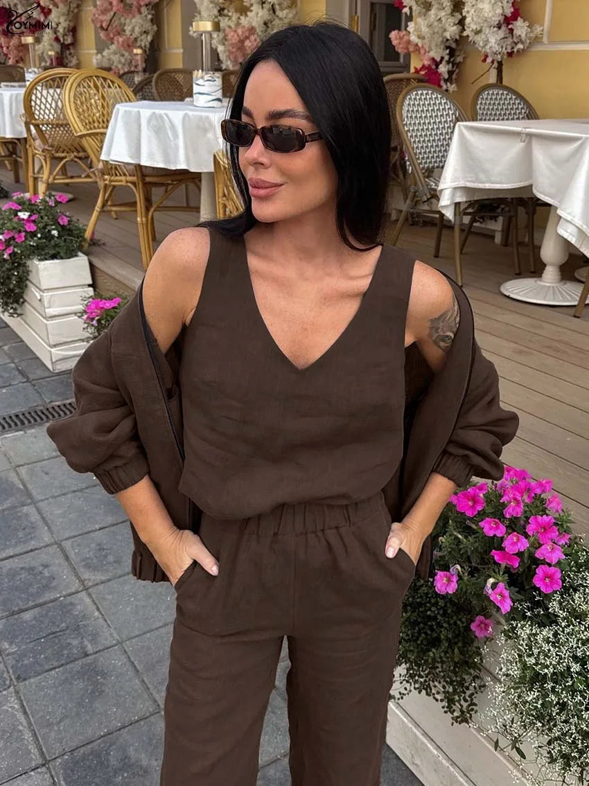Oymimi Fashion Brown Loose 3 Pieces Set For Woman Elegant Zipper Shirts And V-Neck Sleeveless Tops + Straight Pockets Pants Sets