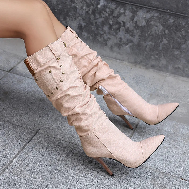 Fashion Knee High Pointed Pleated Denim Boots With Stiletto Heels For Women