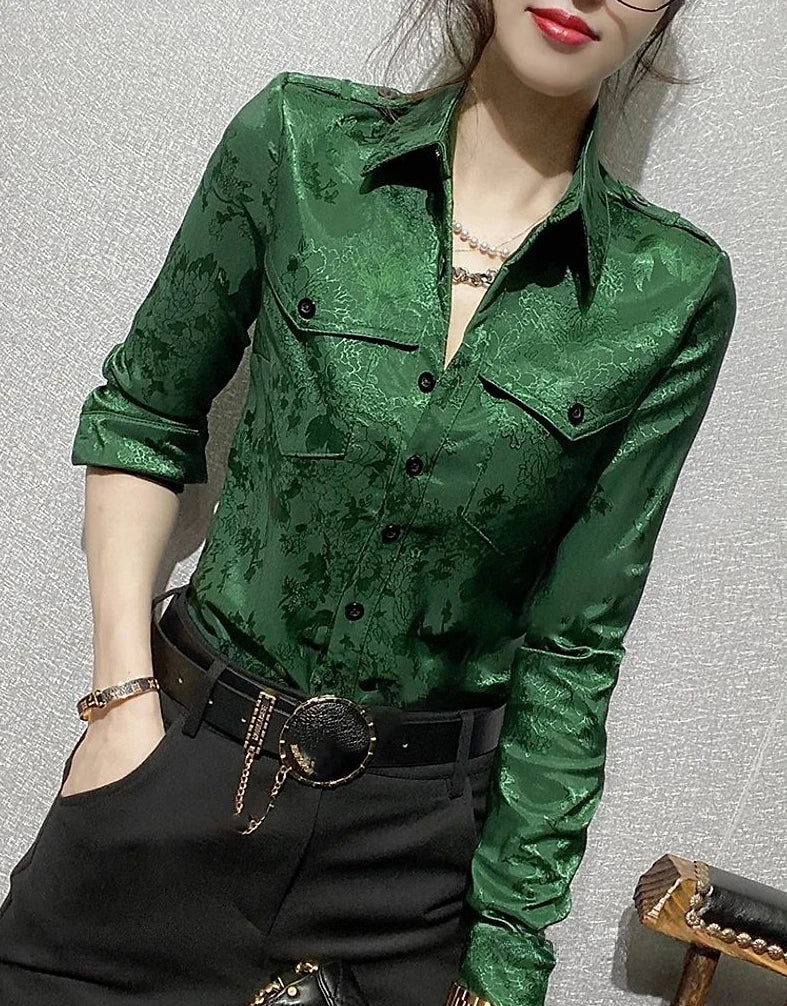Female Tops Spring and Autumn Full Long Sleeve Women's Shirt Blouse Office Outfits Wear To Work Button Up Formal Loose Green Xl