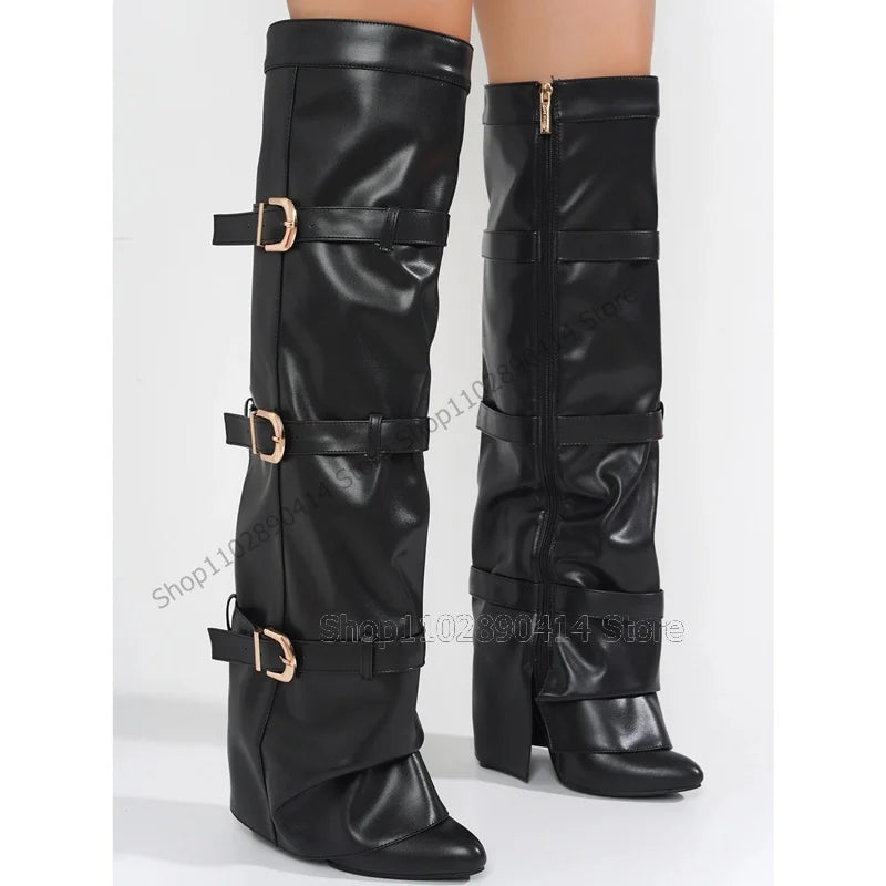 Black Pointed Toe Knee High Boots With Side Zipper For Women