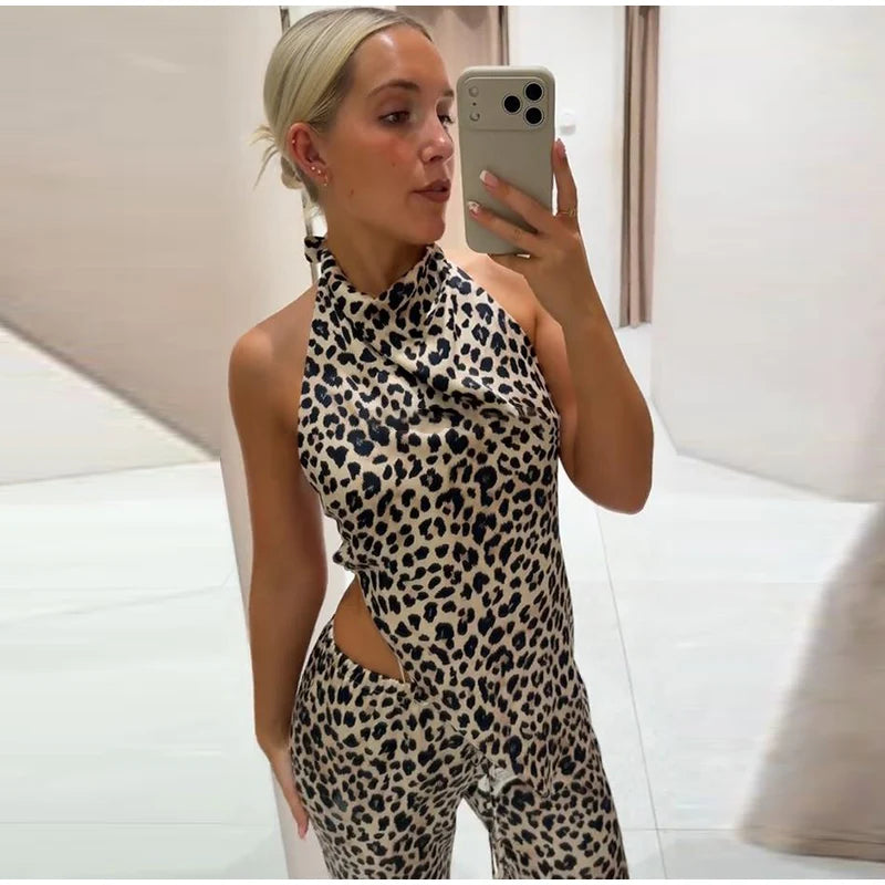 Leopard Print Halter Neck Top And High Waist Flare Pants Set For Women