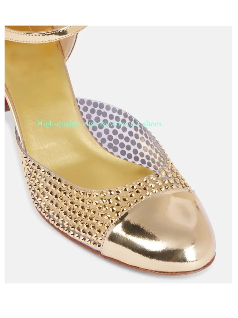 Elegant Gold Round Rhinestones Color-Blocked Sandals for Women
