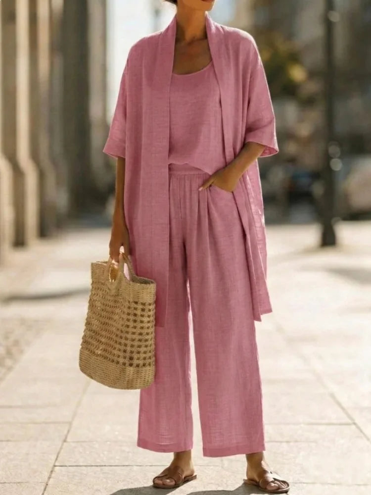 Casual Solid Cotton Linen Wide Leg Three Piece Set for Women