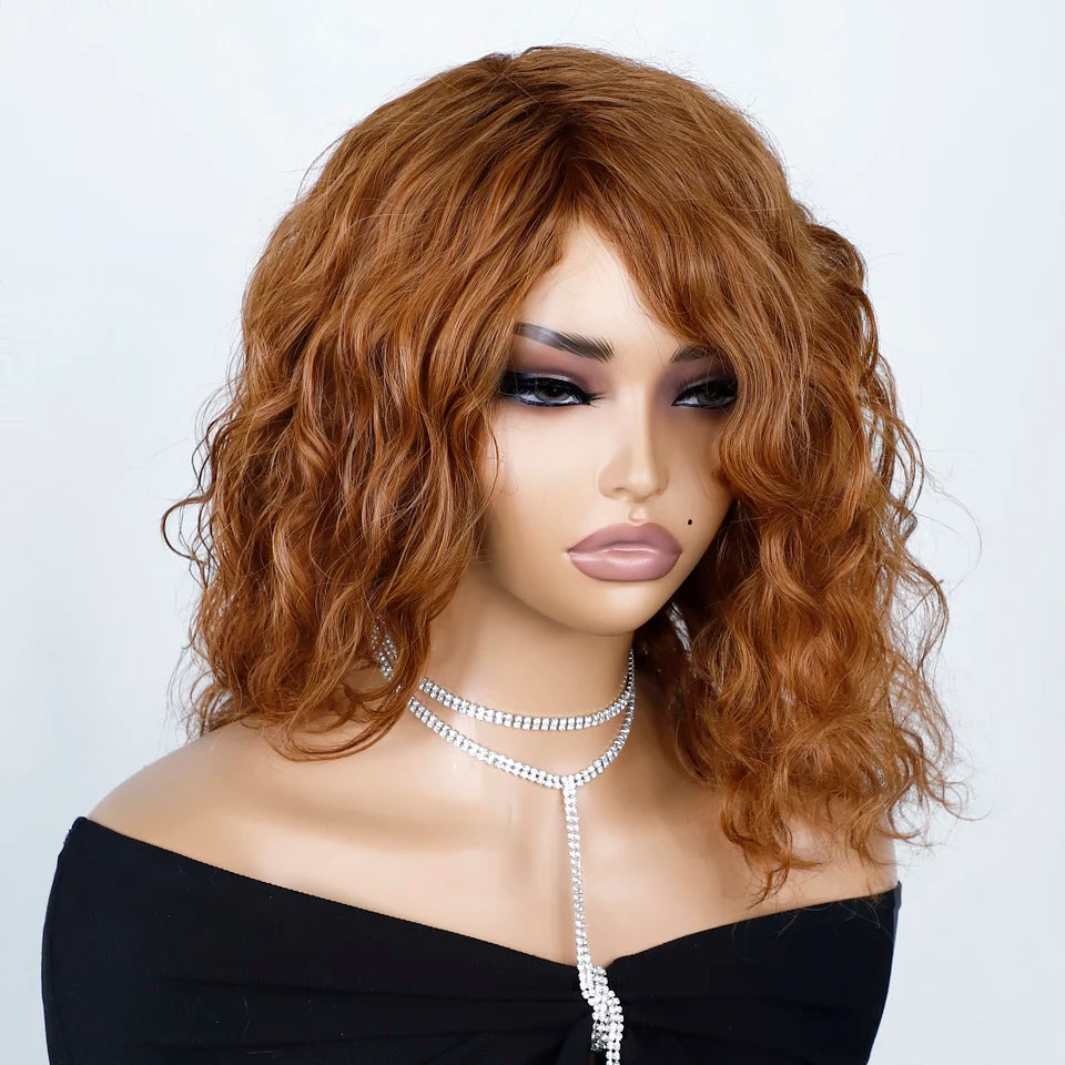 Natural Brown Pixie Cut Water Wave Human Hair Wig For Women