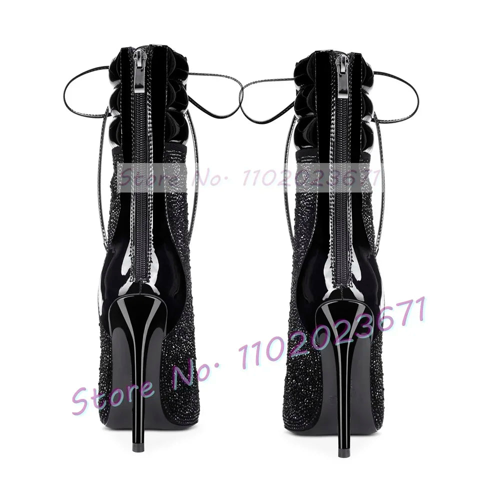 Crystal Paneled Patent Ankle Boots Women Fashion Cross Tied Pointy Toe High Heels Shoe Sexy Ladies Chocolate Brow Back-zip Boots