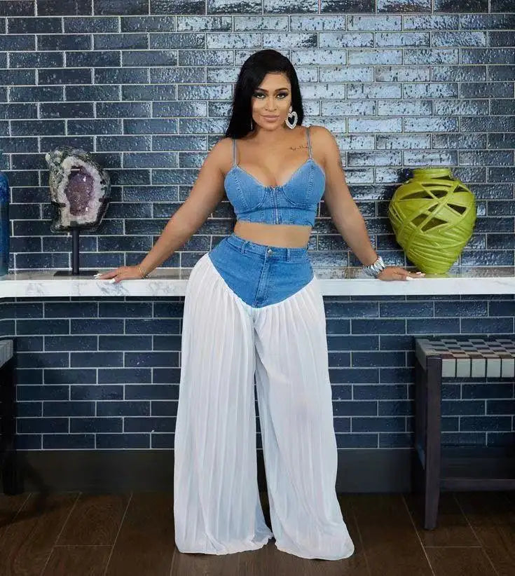 Casual Patchwork Wide Leg Denim Tracksuit Set for Women