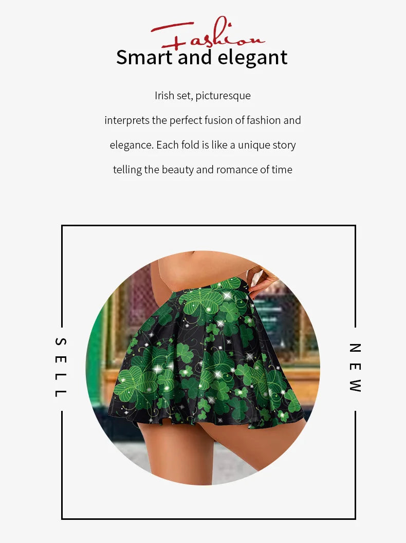 Festive Irish Green Shamrock Plaid Knit Skirt Set for Women