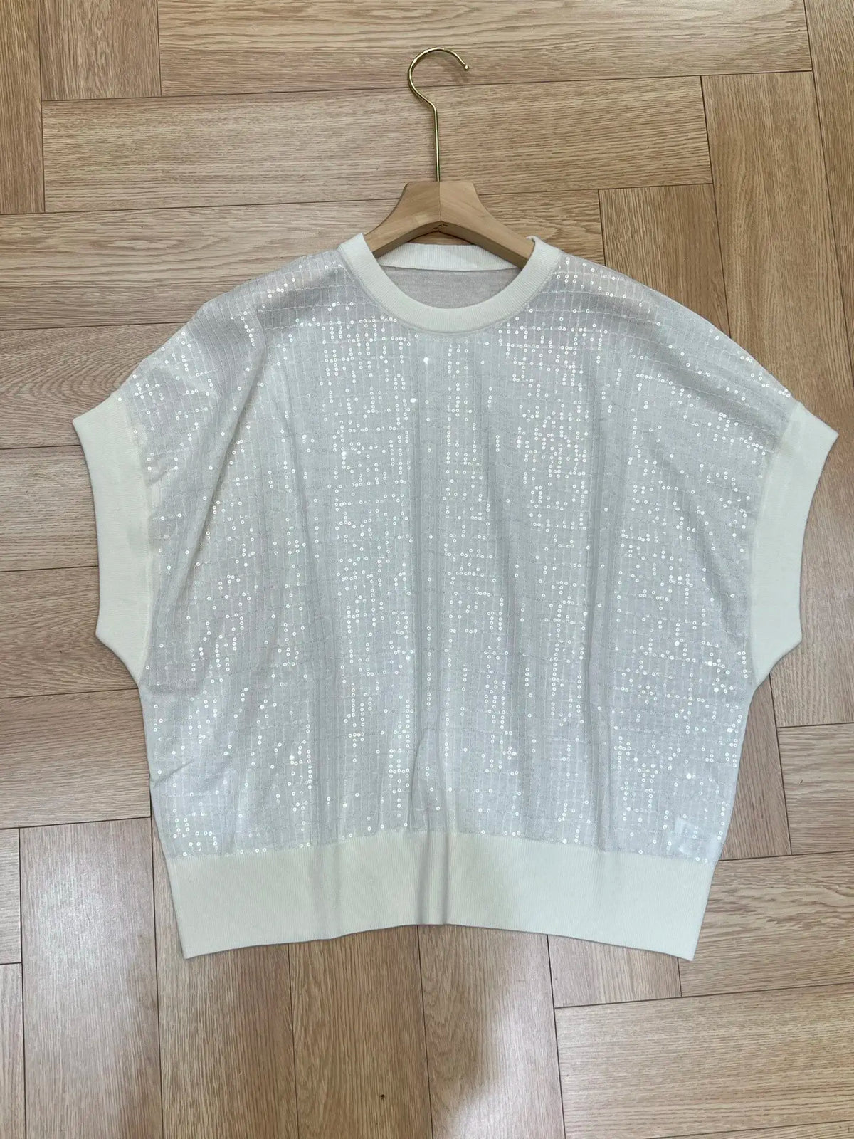Loose Fit Sparkling Sequin Summer Knit Polo Top for Women
