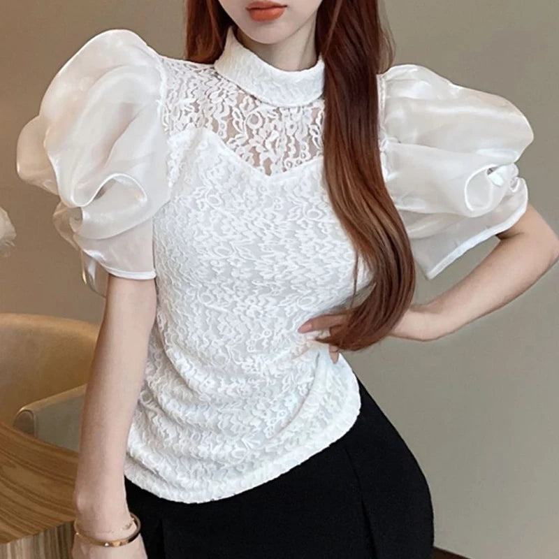 Korean V-Neck Bubble Sleeve Irregular Pleated Top for Women