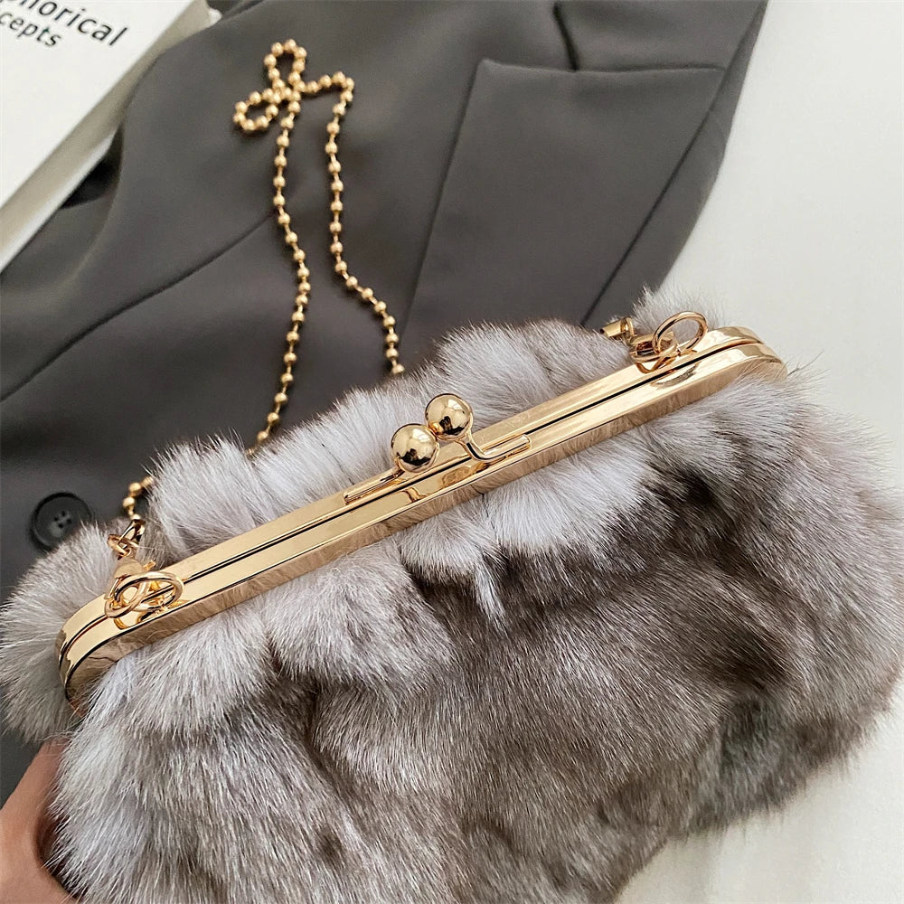 Luxurious Fox Fur Evening Clutch with Chain for Women