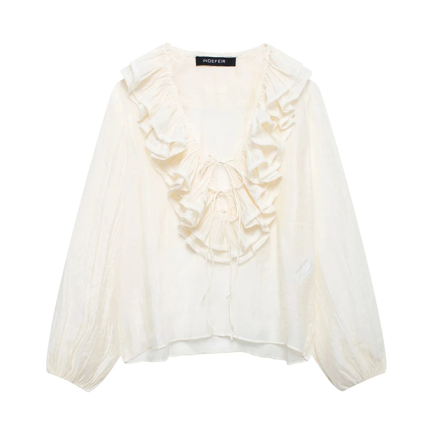 Elegant Retro V Neck Ruffle Trim Long Sleeve Top for Women