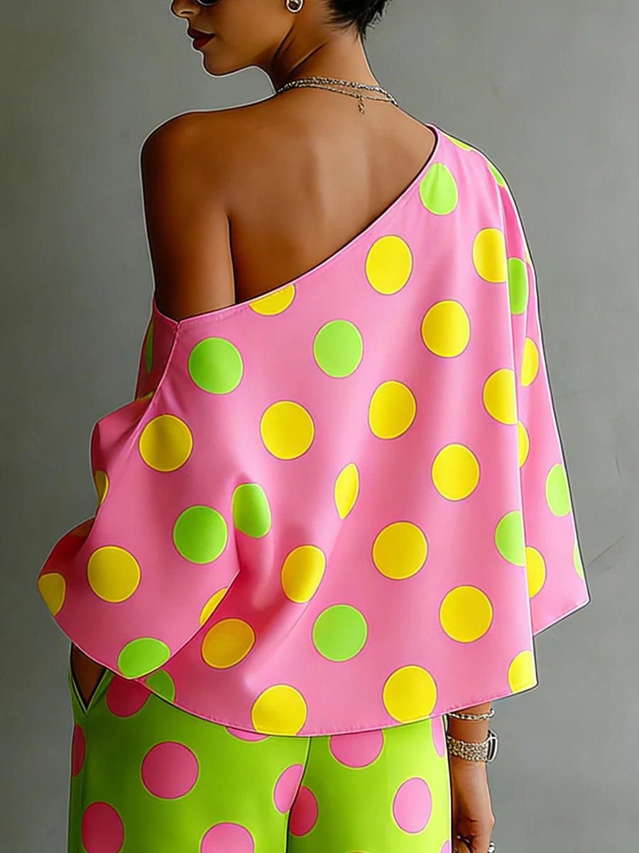 Bonboho Women's One Shoulder Polka Dot T-shirt Pink Base with Green Yellow Dots Loose Batwing Sleeve Shirt Top Casual Blouse