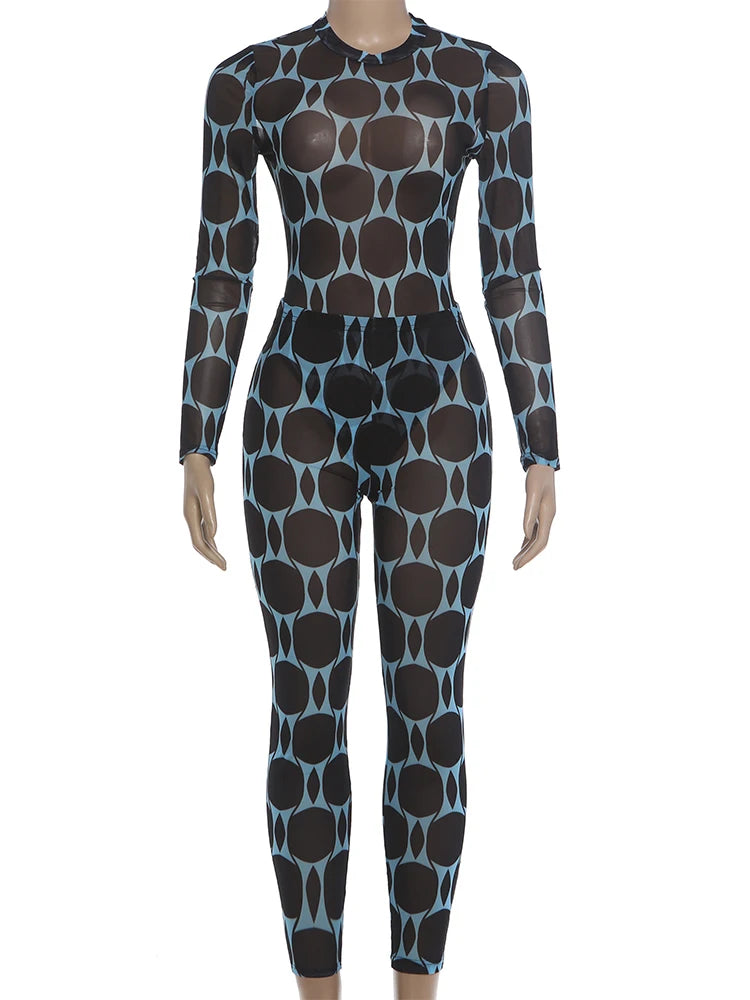 Mesh Patchwork Long Sleeve Two Piece Pants Set for Women