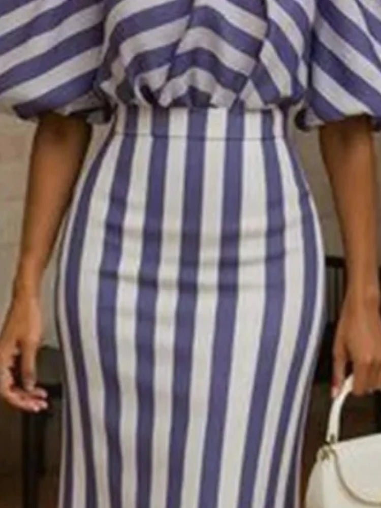 Beautyblue Spring Office Zipper Long Skirts Women Blue Stripe Skirt Fashion High Waist Split Casual Elegant Lady Formal Bottom