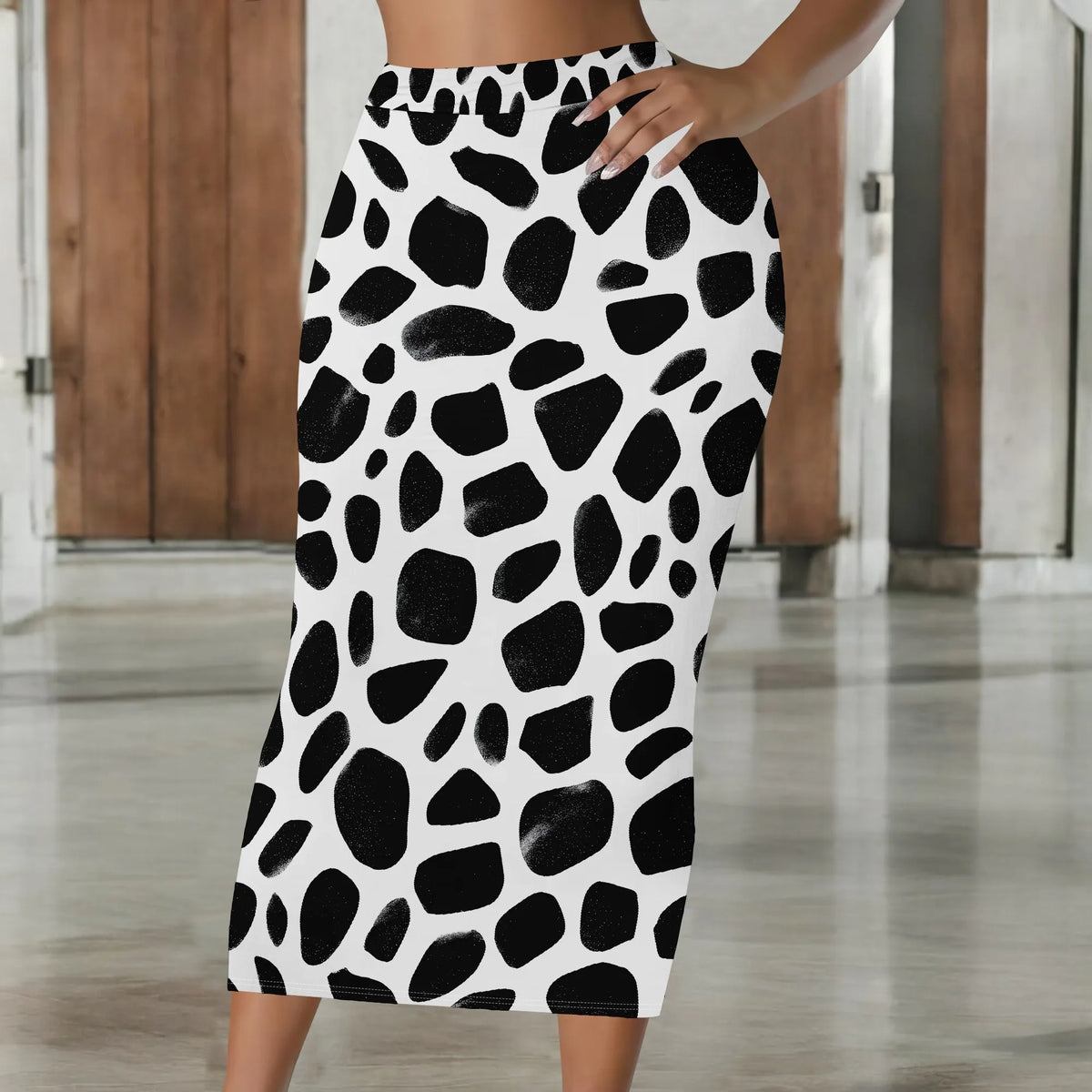 Black And White Abstract Print High Waist Midi Skirt for Women