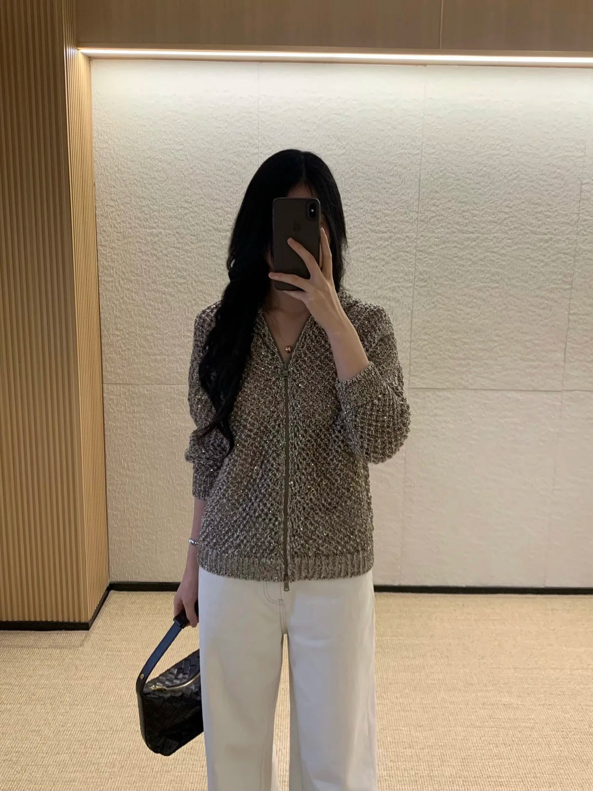 Sequined Hooded Knit Cardigan with Zipper for Women