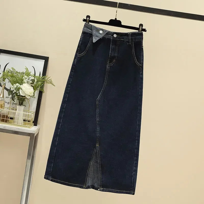 High Waist Split A-Line Denim Midi Skirt With Pockets For Women