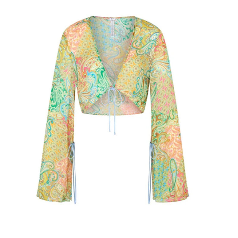 2025 Summer New Printed Slim Bikini Three Piece Set Vacation Casual Long Sleeve Beach Swimsuit Sexy Hollow Tie Up Split Swimwear