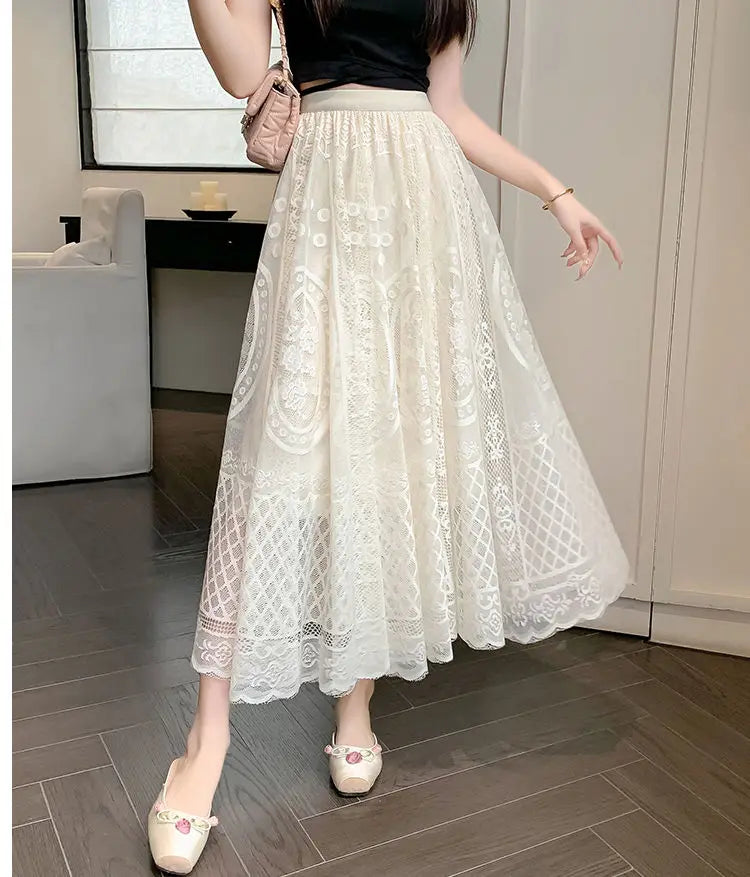 High Waisted Lace A Line Swing Midi Skirt for Women
