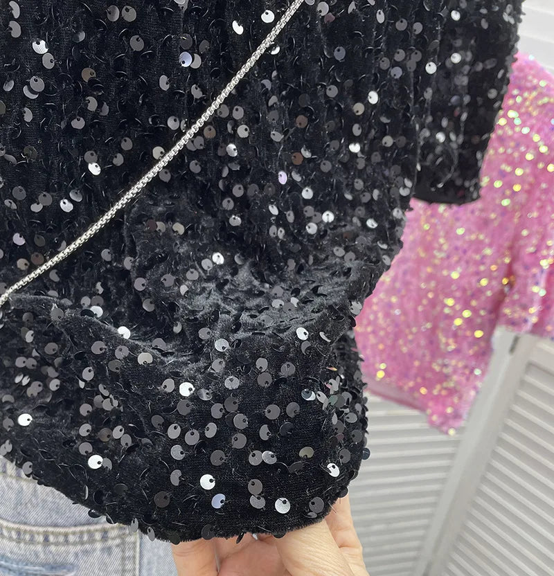 Spicy Girl Pink Sequins Short Sleeve T-shirt Round Neck Slimming Crop Top Blingbling Sexy Nightclub Multi Color Casual Tees