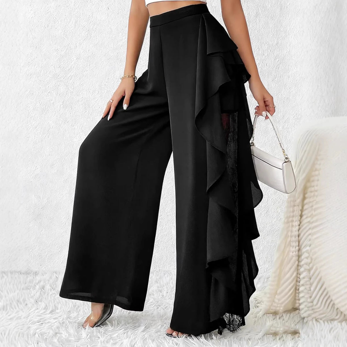 High Waisted Mesh Patchwork Wide Leg Pants for Women
