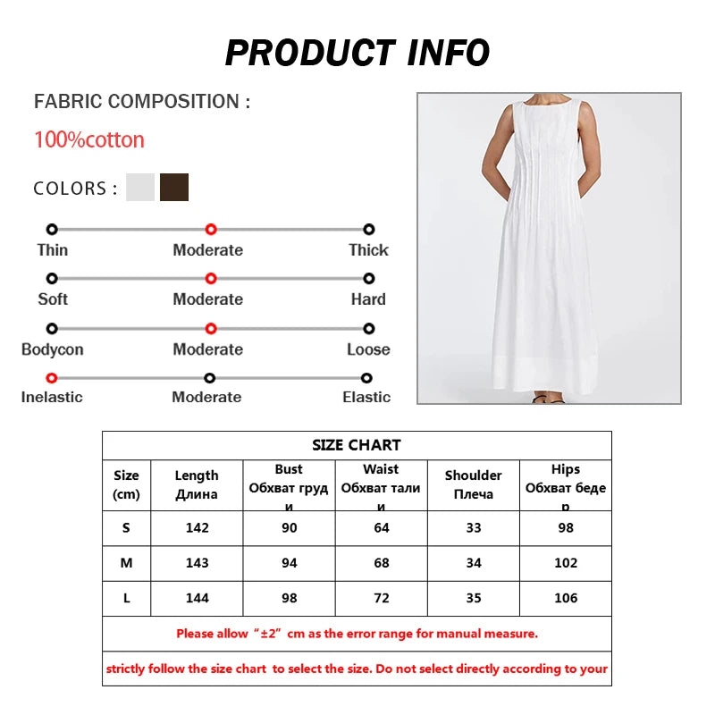 Oymimi Casual White Cotton Womens Dresses Fashion O-Neck Sleeveless Solid Dresses Elegant Open Back Ankle-Length Dress Female