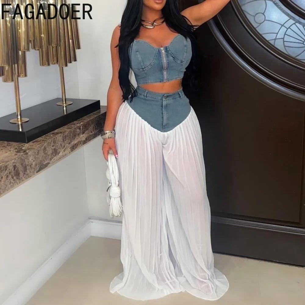 Spaghetti Strap Crop Top Denim Patchwork Two Piece Set for Women