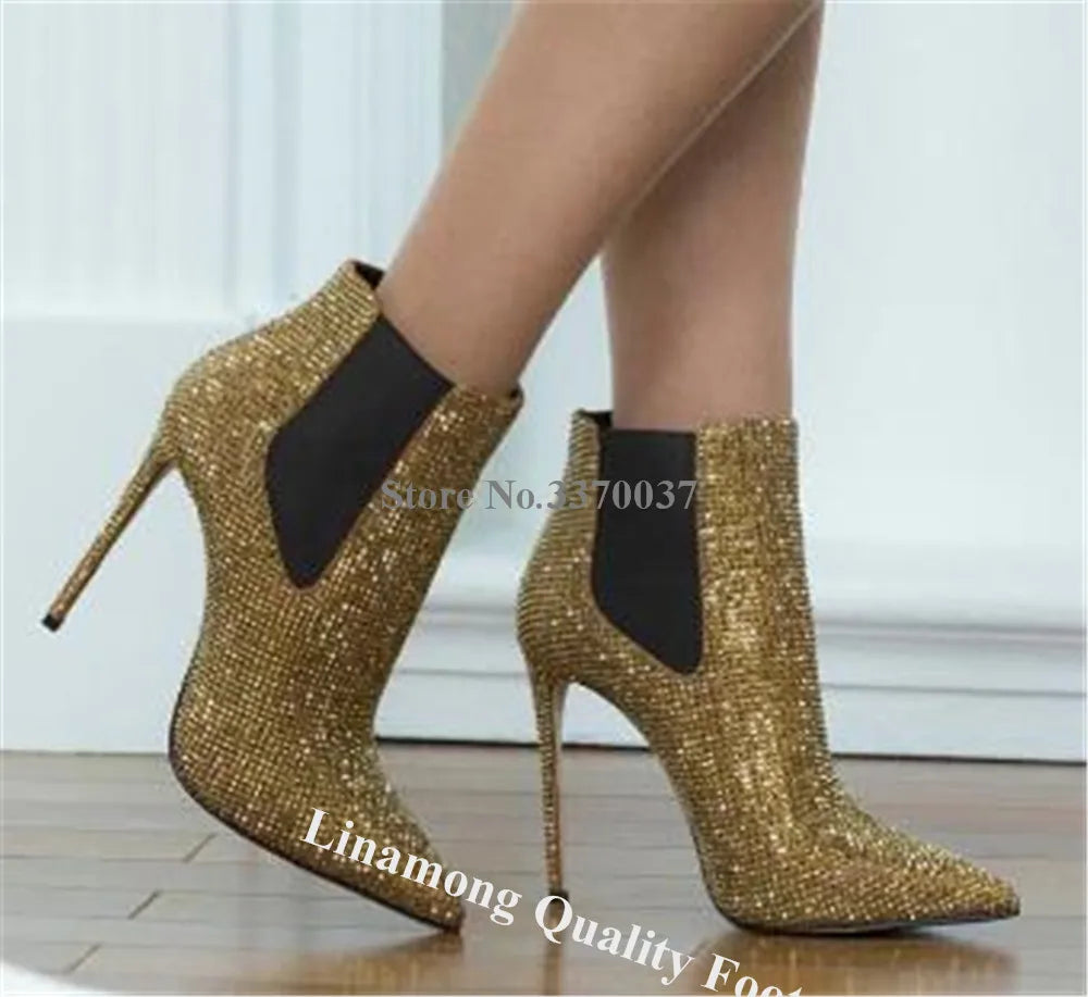 Crystal Embellished Slip On Pointed Toe Ankle Boots for Women