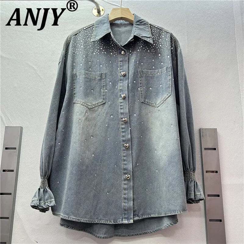 ANJY Autumn New Women Ins Shirt Studded Diamonds Distressed Denim Coat Pockets Single Breasted Elegant Vintage Casual Tops A9973