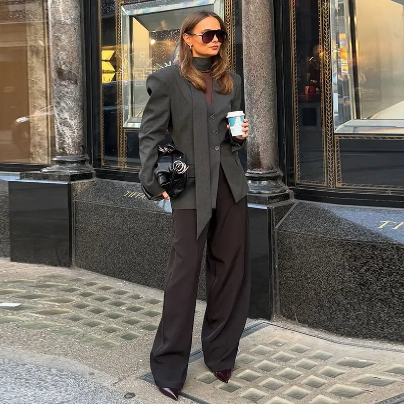 Elegant Slim V-Neck Scarf Trim Blazer Coat for Women