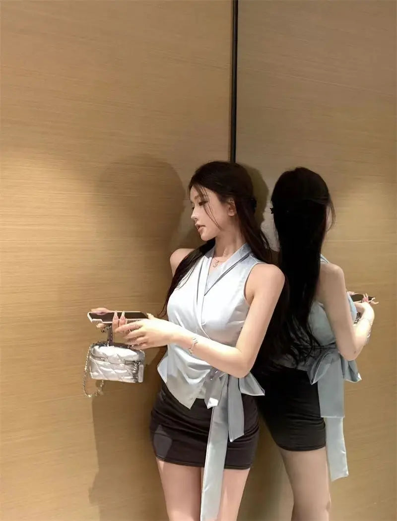 Solid V Neck Bandage Sleeveless Elegant Top for Women