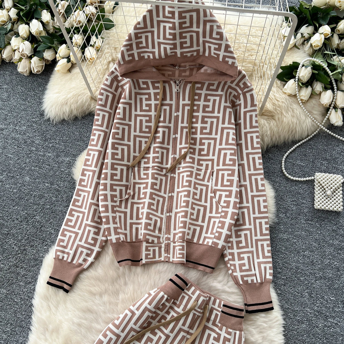 Geometric Print Hooded Knit Two Piece Set for Women