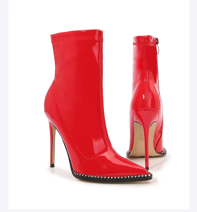 Elegant Rhinestone Bordered Side Zipper High Heel Ankle Boots for Women