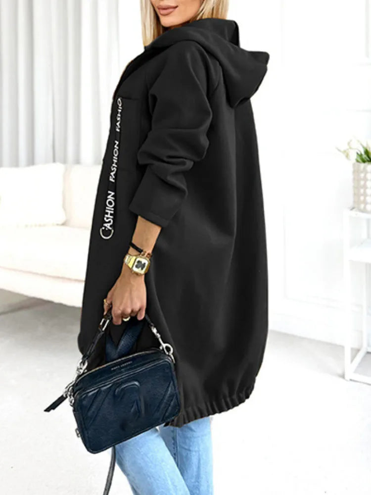 Autumn Winter Pockets Spliced Zipper Coat New Thick Warm Solid Color Women's Jacket Hooded Sports Long Sleeved Lady Outerwear