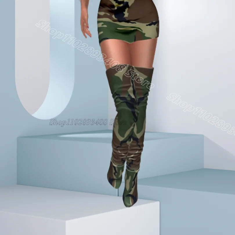 Camouflage Stiletto Pointed Toe Over Knee Boots for Women