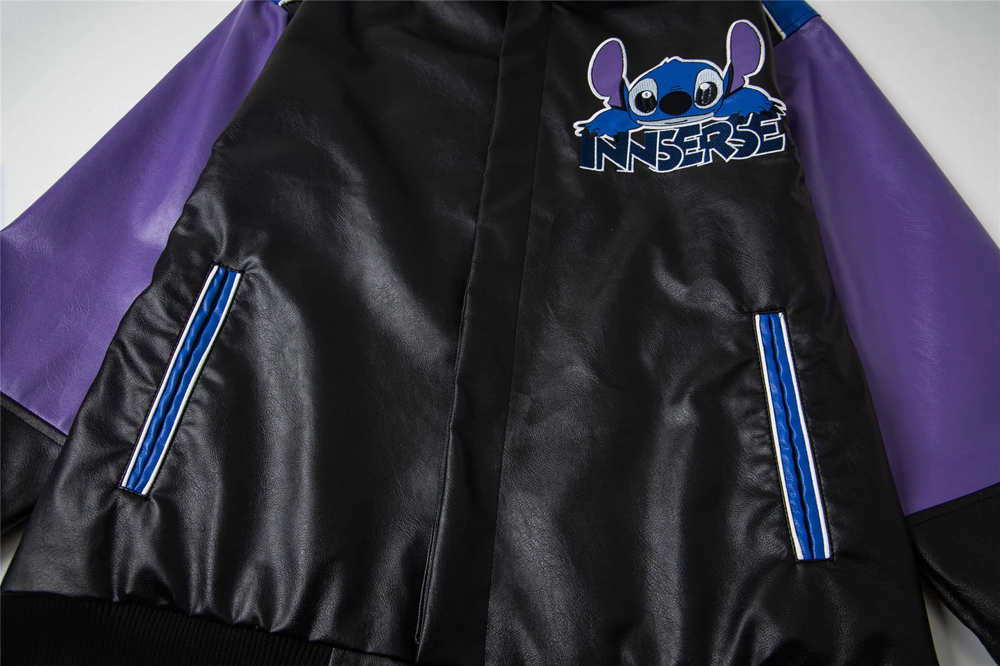 Trendy Cartoon Embroidery Color-Block Stand Collar Jacket Coat for Men and Women Autumn Winter Loose Casual Leather Jacket Coat