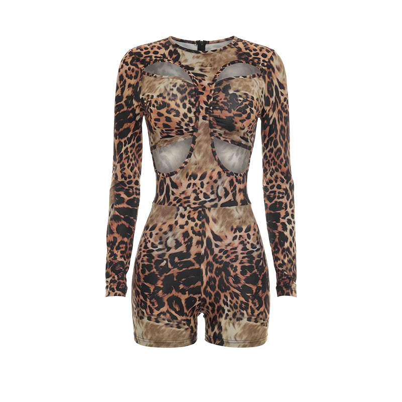 Leopard Print Hollow Out Two Piece Playsuit for Women